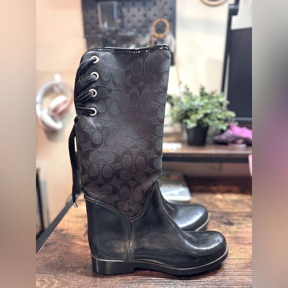 Coach Black Logo Rain Boots size 8 - Picture 1 of 13